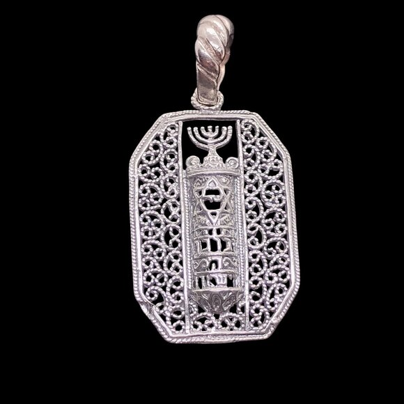 Sterling Silver Filigree Mezuzah Menorah Pendant Handmade Judaica Unisex - Picture 2 of 8